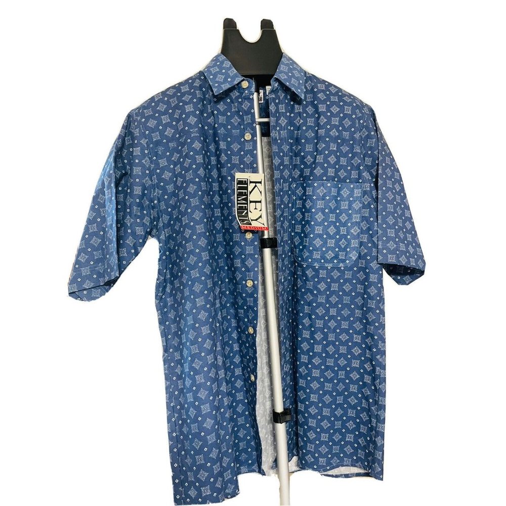 KEY Elements Vintage Short Sleeve Button Down Shirt Blue White Retro M Cotton - Picture 4 of 9